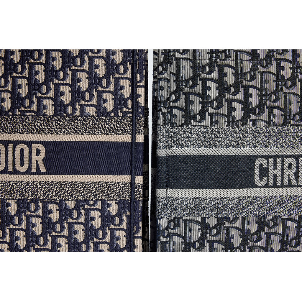 Side by side studio image of Real vs Fake Christian Dior Oblique Book Totes