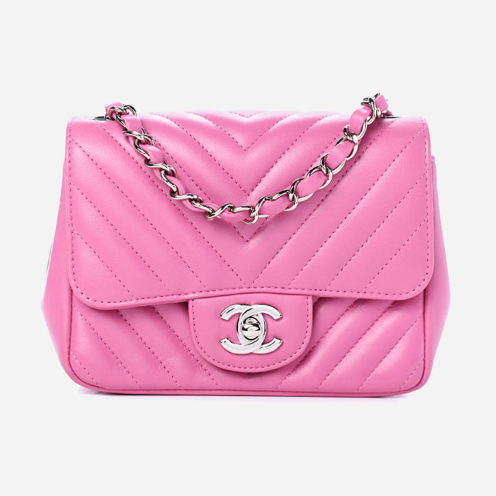product image of Chanel pink chevron mini square flap FASHIONPHILE