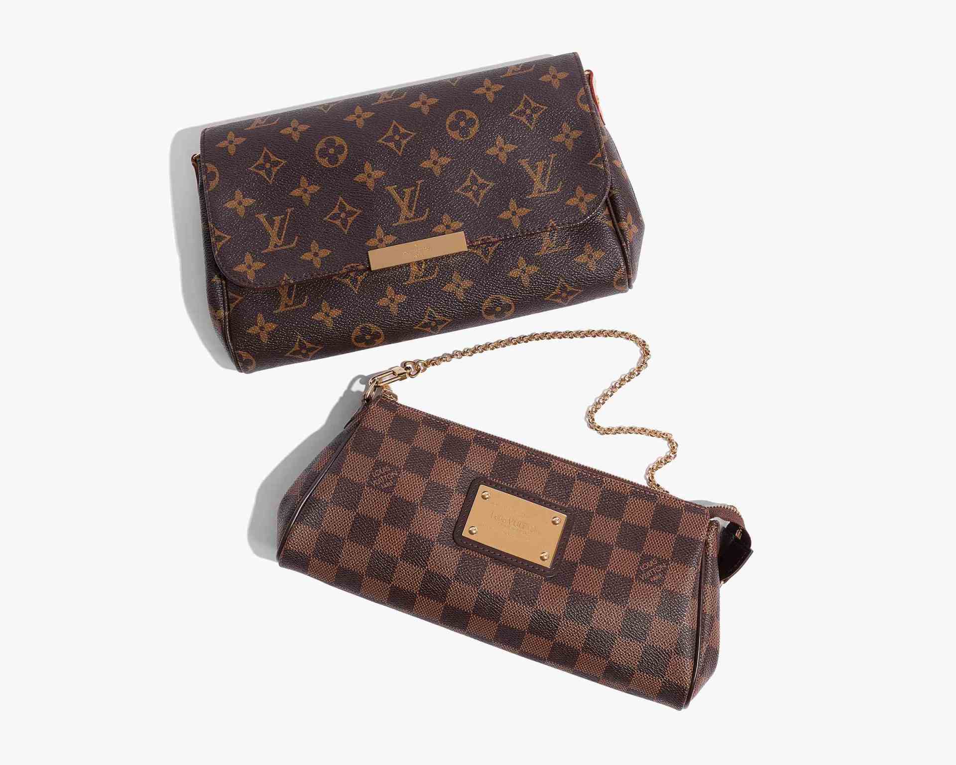 flat lay product image of louis vuitton monogram favorite mm and louis vuitton damier ebene eva clutch bags at FASHIONPHILE