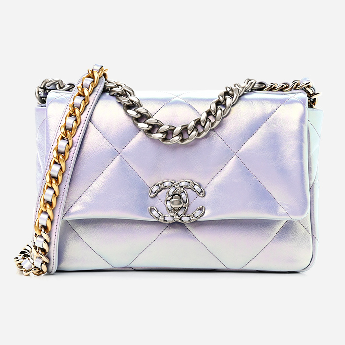 product image of CHANEL Iridescent Calfskin Quilted Medium Chanel 19 Flap Light Purple Blue FASHIONPHILE
