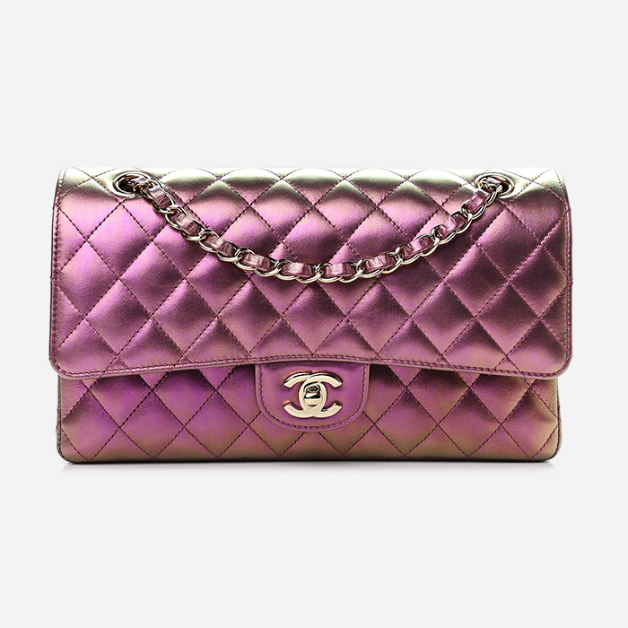 product image of CHANEL Iridescent Lambskin Quilted Medium Double Flap Purple at FASHIONPHILE
