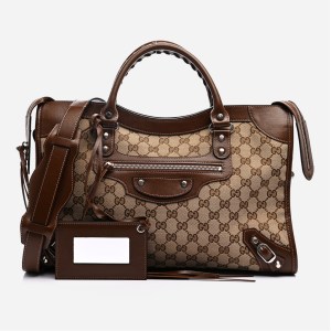 product image on white background of balenciaga and gucci city bag in brown at FASHIONPHILE